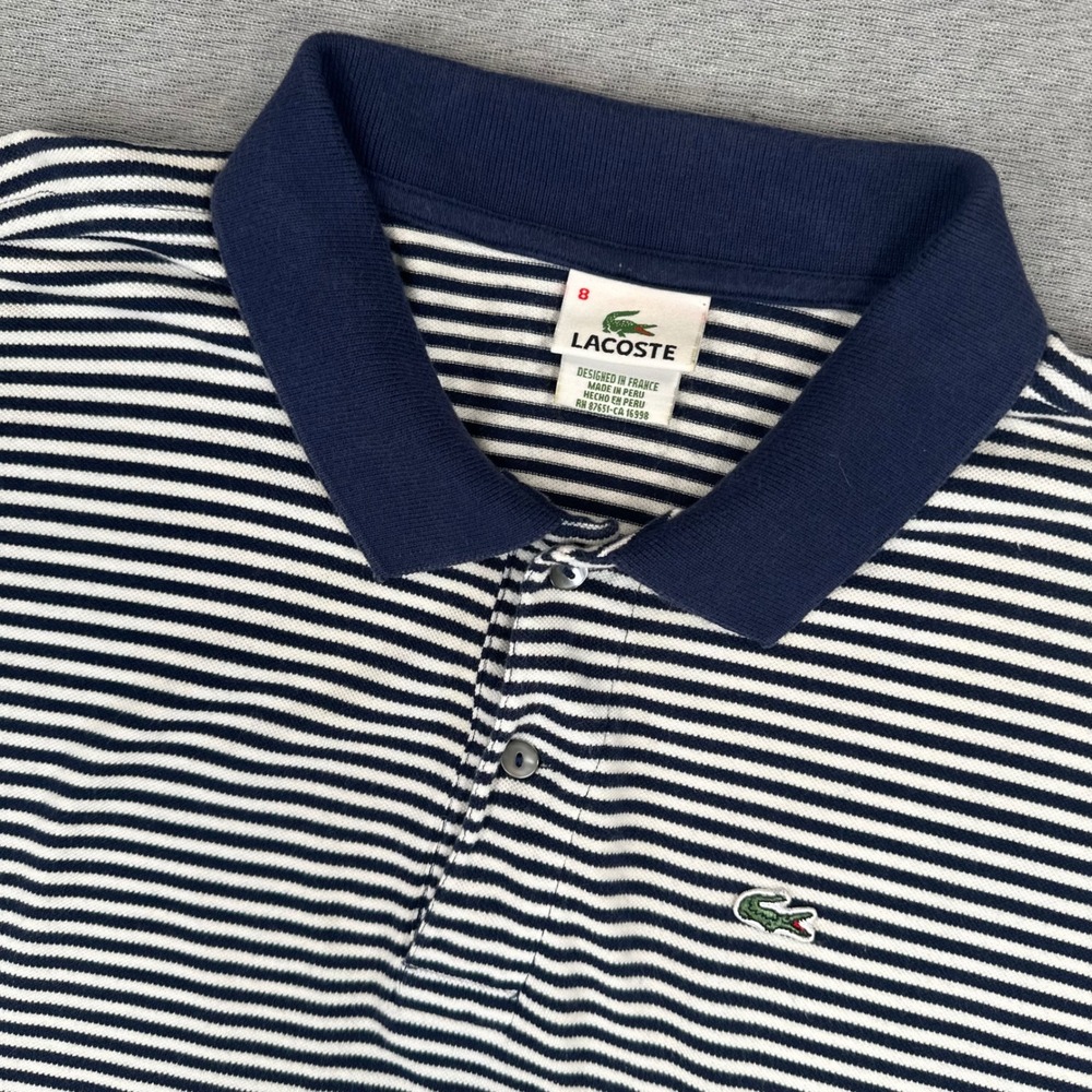Lacoste Pique Polo Shirt Mens Size 8 Navy Blue White Striped Cotton Tennis Mesh